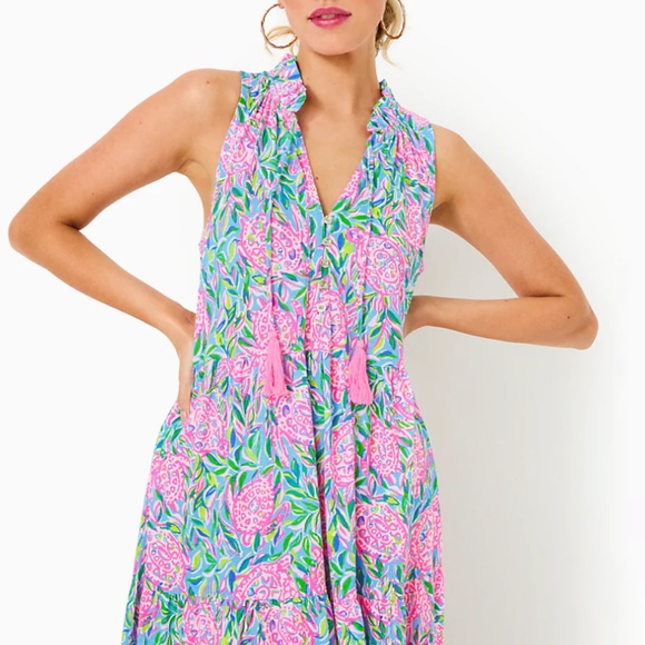 $198 NWT LILLY PULITZER MALONE MAXI DRESS FRENCHIE BLUE PINK TURTLEY IN LOVE L - Picture 5 of 12